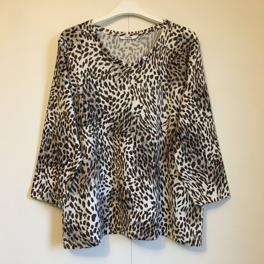 Alia Neutral Animal Print Knit Sweater Rhinestone Embellished Leopard